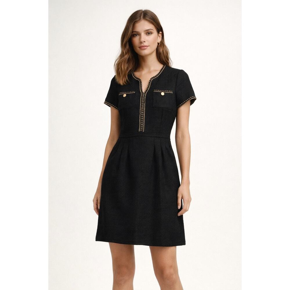 Tahari ASL Black Tweed Gold Detail Size 8 Dress Quiet Luxury Parisian Chic NWT